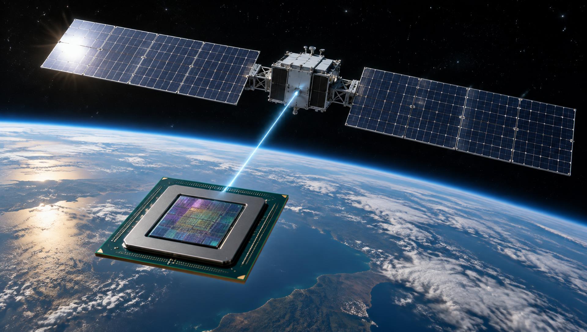 Generic GPU compute module flying in formation with a satellite bus and very large rectangular solar arrays above Earth