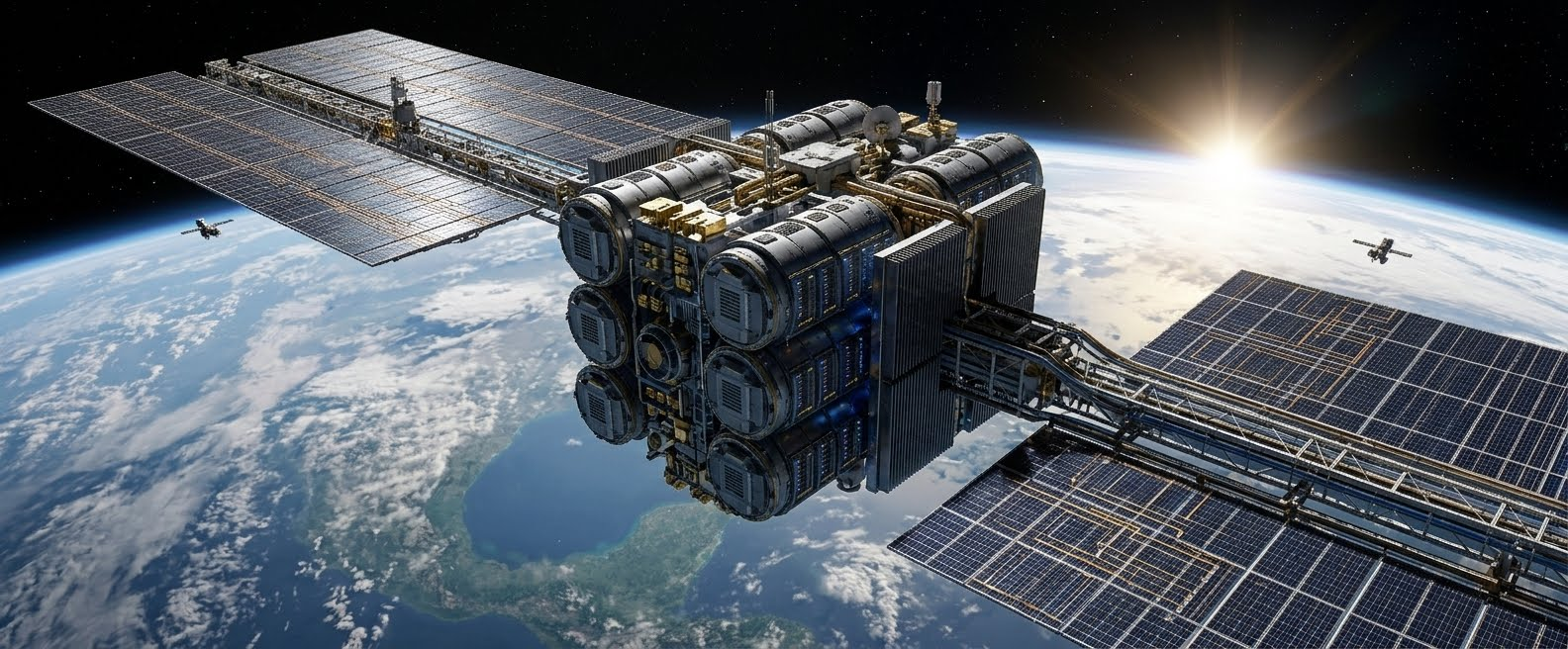 Concept illustration of a large space station with extensive solar arrays above Earth