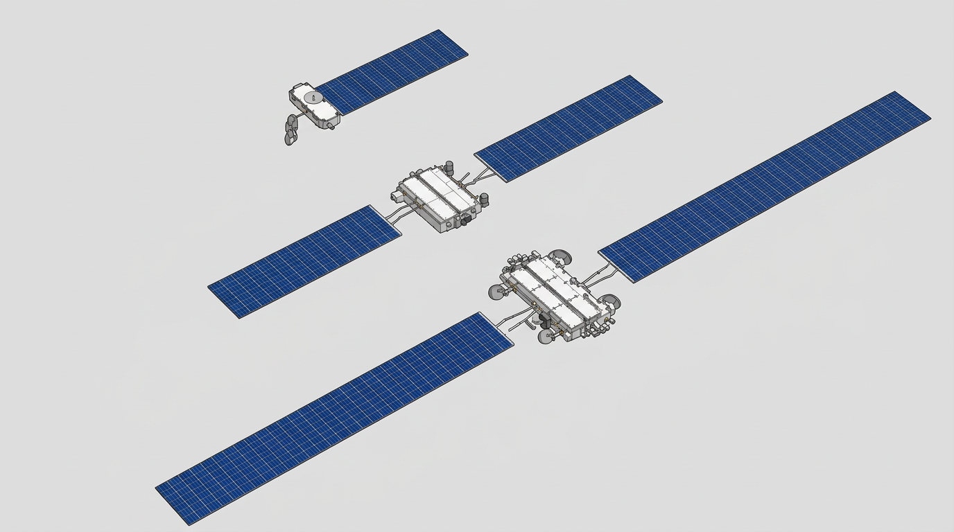 Three successive satellite generations with progressively larger solar arrays